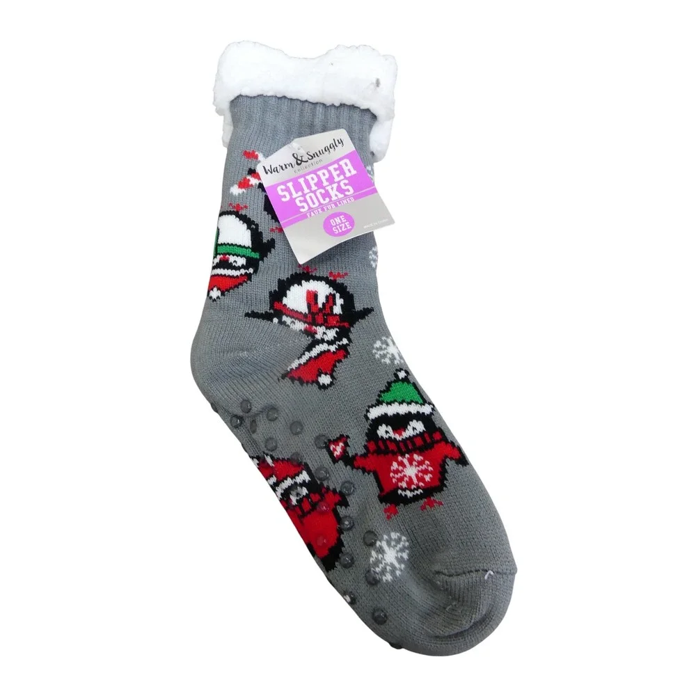 Warm & Snuggly Slipper Socks Womens OS Gray New Penguin Faux Fur Lined Non-Slip